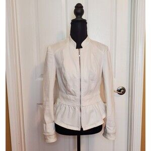 WHBM Seamed Jacket White Zip Front Pleated Peplum Stretch Denim Jacket XSMALL